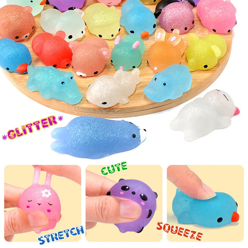 50 PZ Kawaii Glitter Mochi Squishy Antistress giocattoli Aula Premi Per I Bambini Festa Di Compleanno Bomboniere Cadeaux Anniversaire Enfant