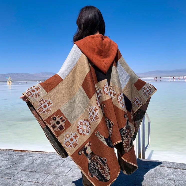 Autumn and Winter Fake Cashmere Poncho Ethnic Style Wrap Travel Oversized Cozy Scarf Thickened  Warm Outerwear Cape P2