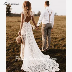 Lakshmigown Mermaid Boho Bohemian Lace V Neck Wedding Dress with Cap Sleeve 2024 Bridal Gown for Women robe de mariée sirène