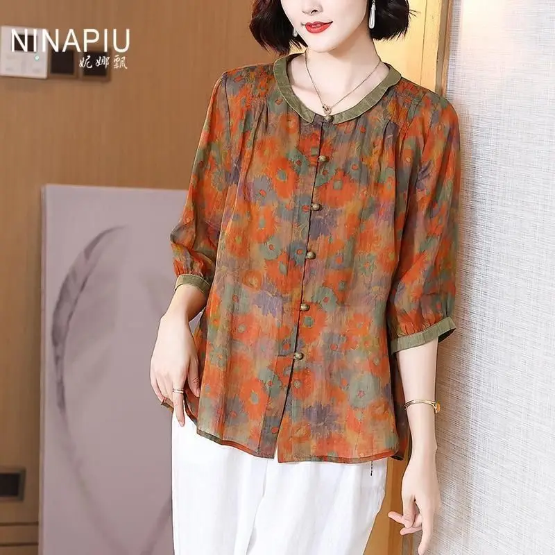 Ramie top for women 2025 summer new style centre-sleeved retro style loose and slim versatile cardigan T-shirt