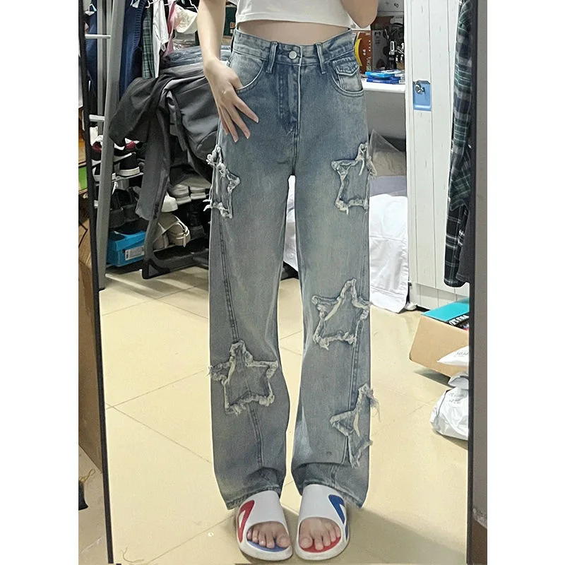 2024 Autumn New Loose Straight Wide Leg Denim Long Trouser Blue Star Embroidered Jeans For Women