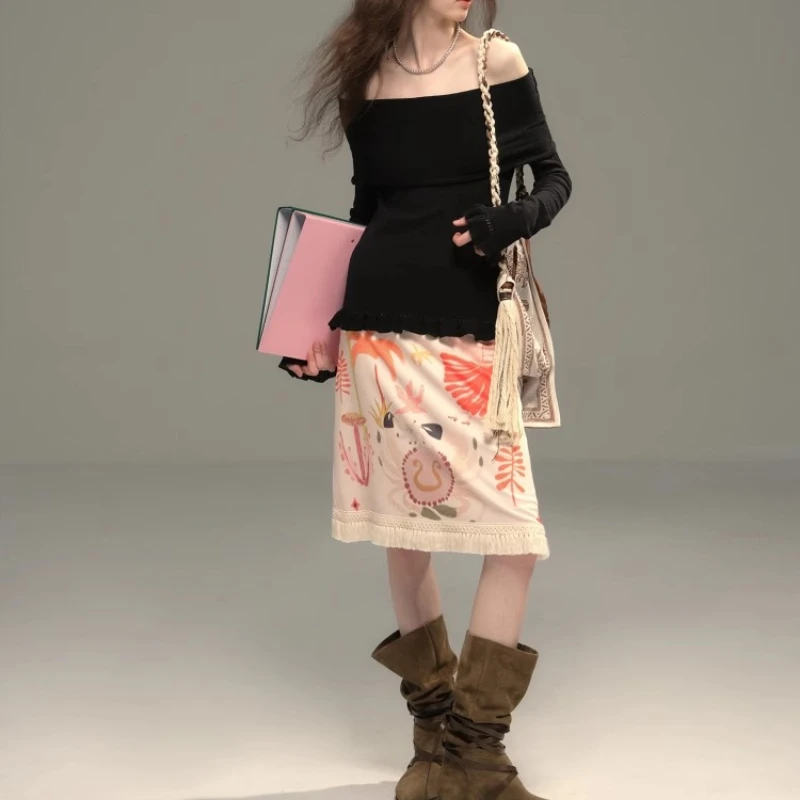 Original Design Printed Elastic Knitted Mid-waist Women's Skirt 2025 Summer New Sweet Cool Cute Temperament A-line Skirts Ladies
