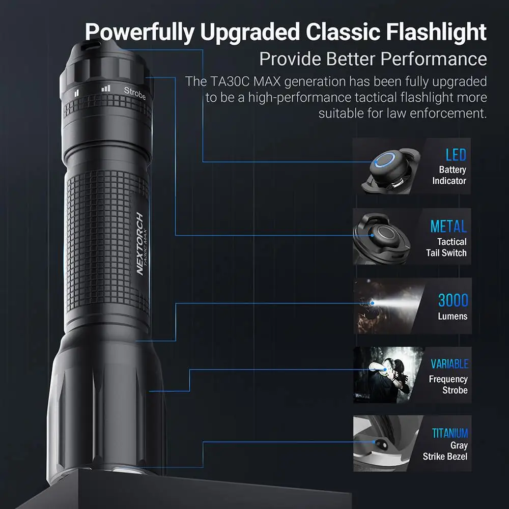 Nextorch TA30C MAX 3000LM 390M LED Flashlight USB-C Rechargeable 5000mAh 21700 Battery IPX8 Waterproof EDC Tactical Search Torch