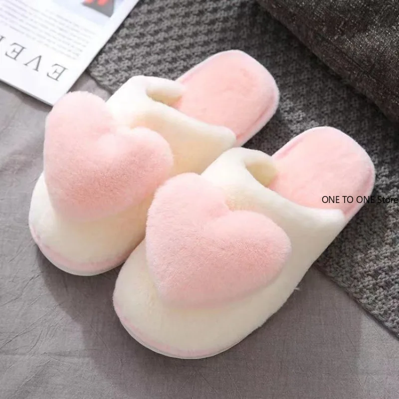 

Wholesale Winter Warm Heart Pattern Cotton Slippers Women Indoor Casual Comfortable Men Faux Fur Thicken Plush Sandals Shoes