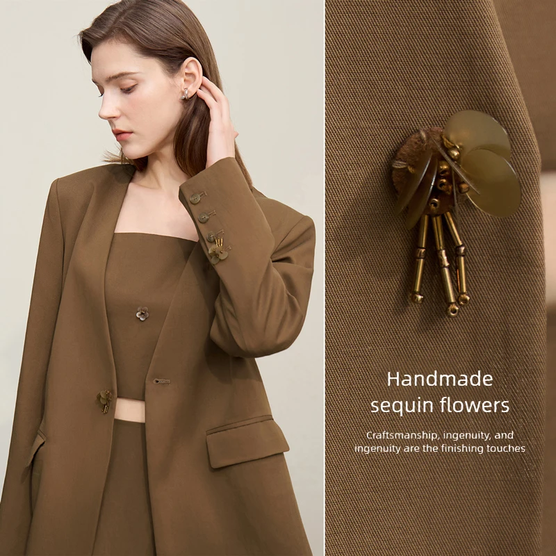 Amii Women's Jacket 2026 Spring New Bead Sheet Flower V-Neck Women's Blazer Straight Elegant Shoulder Pad Blazers Top 12621026