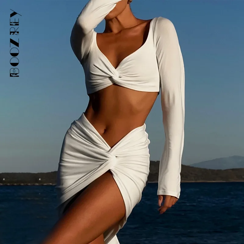 BoozRey White Long Sleeve Pleated Crop Top Skirt Set Party Evening For Women Autumn High Waist 2 Two Piece Split Skirt Set