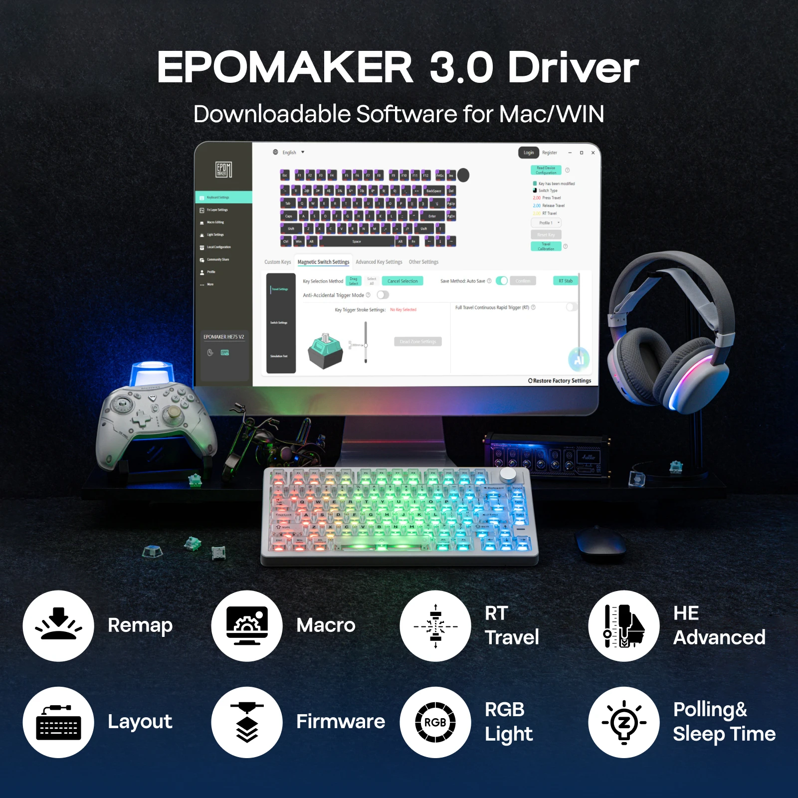 Klawiatura gamingowa EPOMAKER HE75 V2 TMR 75% ANSI US Layout Gasket Tri-mode Wireless Hall Effect z SOCD/DKS i funkcją Rapid Triggering — zdjęcie produktu 3