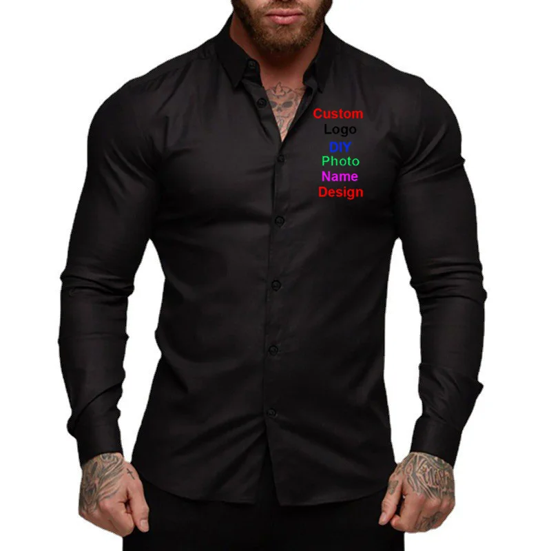 Customized DIY Brand Logo Men\'s Long Sleeve Super Slim Fit Casual Shirt Spring Autumn Turn Down Collar Business Dress Shirt