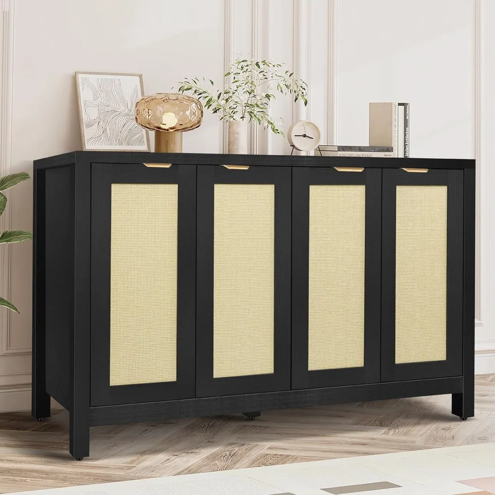 

Rattan Sideboard Buffet Credenza Cabinet - Large Farmhouse Kitchen Coffee Bar Cabinet with 4 Rattan Door Storage for Entryway