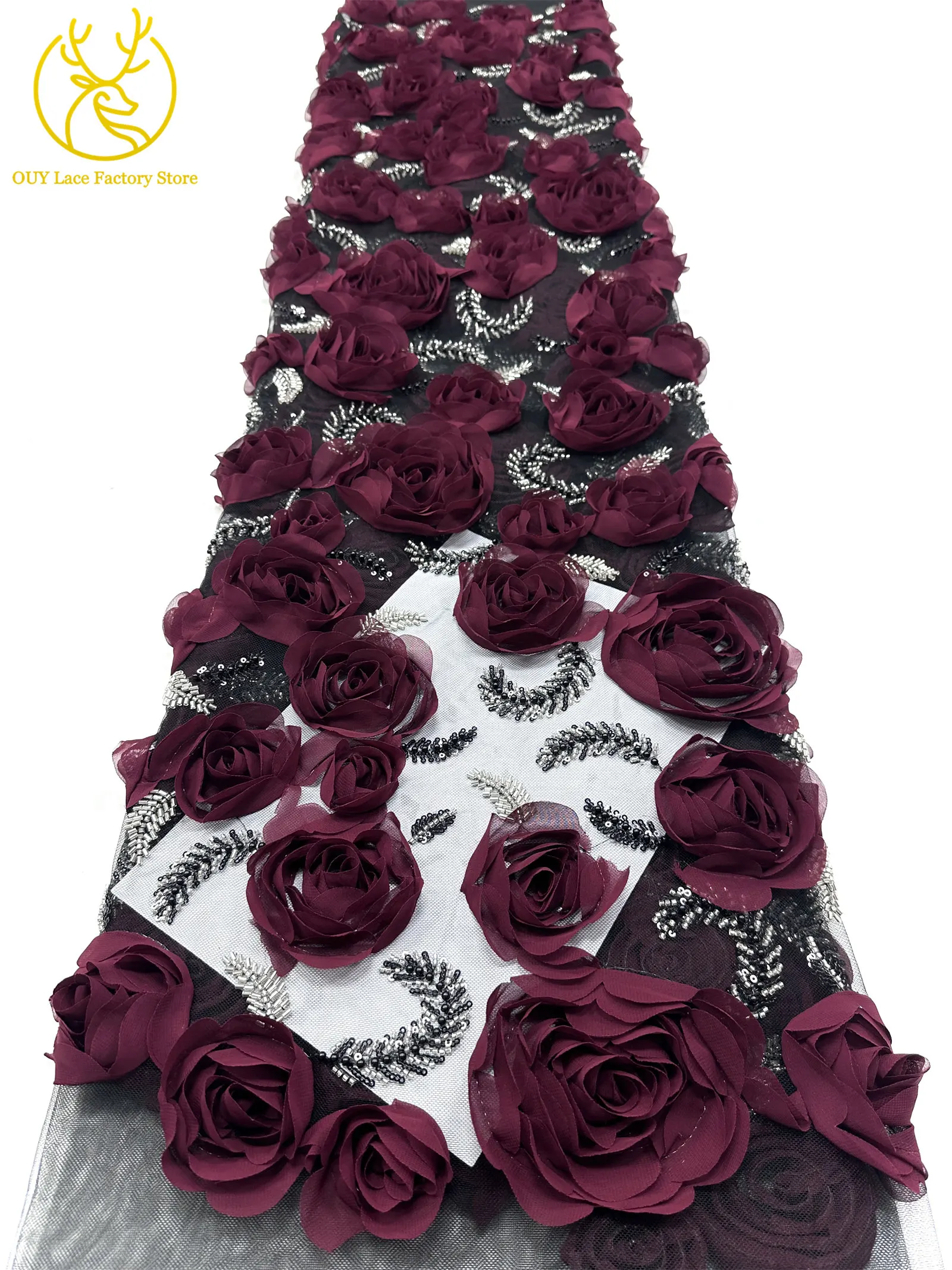 3D-Rosen-High-End Nigerianischer Tüll-Spitzenstoff 2026 – Hochwertiger afrikanischer Pailletten- und Perlen-Spitzenstoff für Brautkleider und Hochzeitskleider zum Nähen – Detail 20