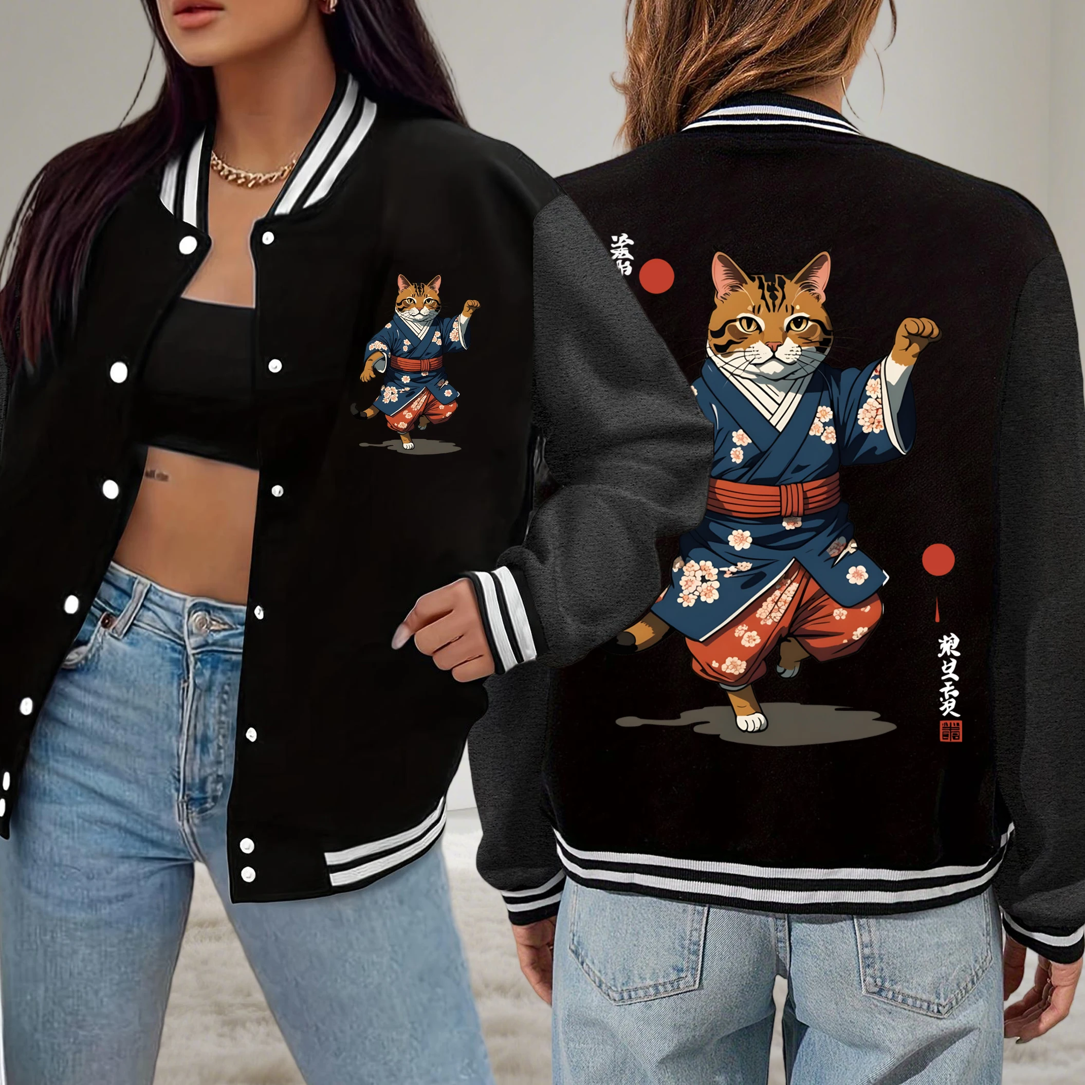 

Japanese Cartoon Standing Cat Print Women Jacket Vintage Loose Clothes Street Casual Baseball Uniform Autumn All-Match Top