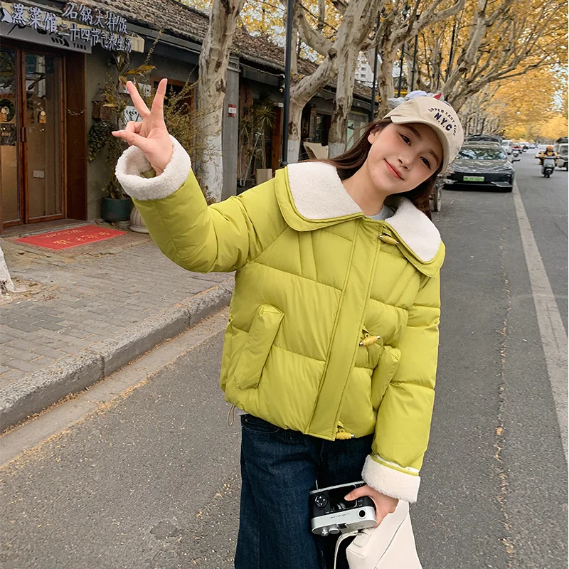 Short Korean Version of Women's Candy Color Age Reduction Small Man 2025 Winter Horn Buckle Big Lapel Short Down Cotton Jacket