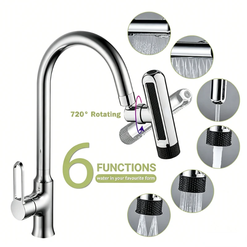 6 Mode Kitchen Faucet Waterfall Stream Sprayer Head Diffuser Water Saving Nozzle Mixers Faucet Connector Tap Accessories Bubbler