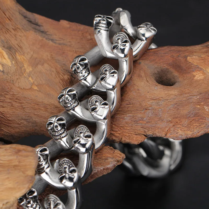 Personalized Double Row Skull Stainless Steel Men's Bracelet--KB33745-D 22.5cm Bracelet