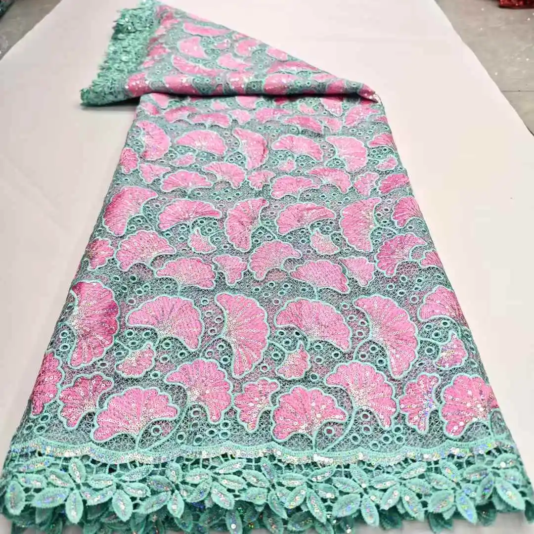 Tela de encaje flocado de cordón de guipur africano 2025, tela de encaje de lentejuelas Soluble en agua nigeriana de alta calidad para costura de vestido de fiesta para mujer