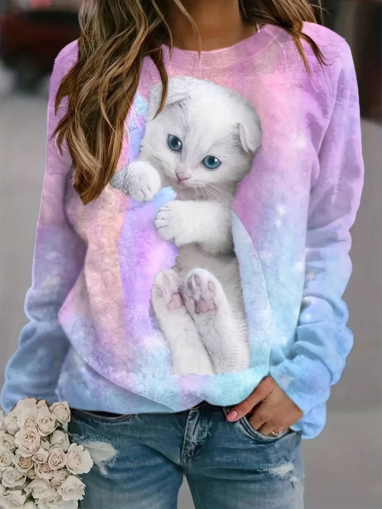 T-shirt a maniche lunghe con motivo gatto casual da donna primavera autunno taglie forti 1XL-5XL T-shirt girocollo moda donna