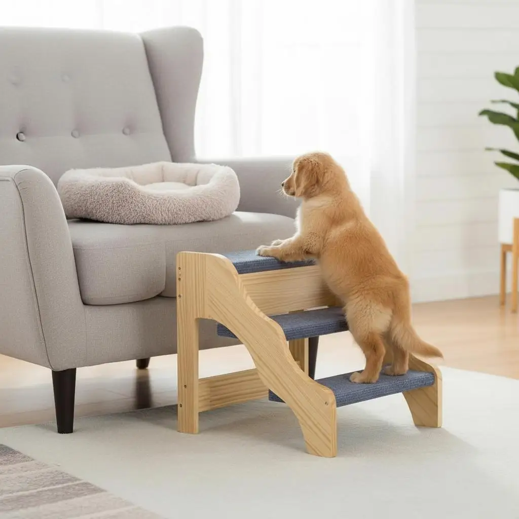 

Деревянная лестница для животных, 3 ступени, для кровати, дивана, автомобиля, с противоскользящей поверхностью, устойчивая конструкция, грузоподъемность 150 фунтов, лестница-ступенька для маленьких и средних животных.