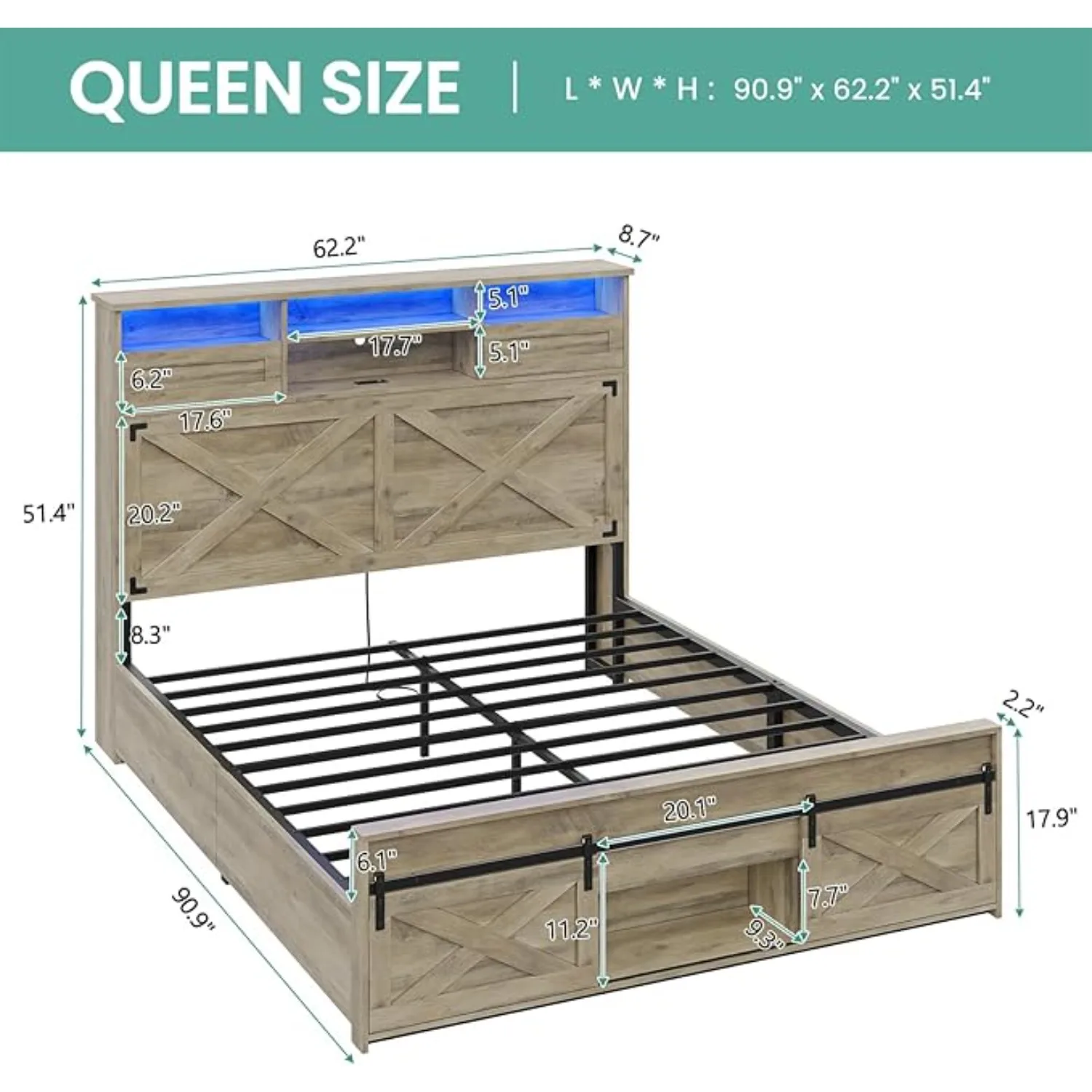 Farmhouse Bed Frame Queen Size with LED Lights & Charging Station, 51.4