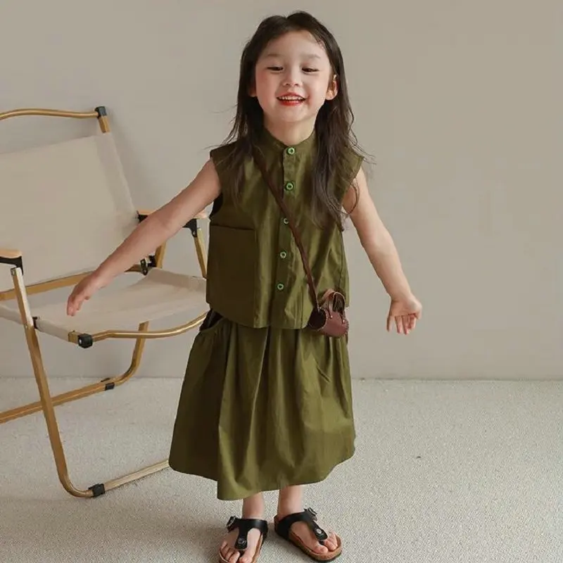 Baby Girls Cotton Plain Single-Breasted Sleeveless Preppy Shirt Tops+Pleated Dress Sets Kids 2PCS Tracksuit Child Outfits