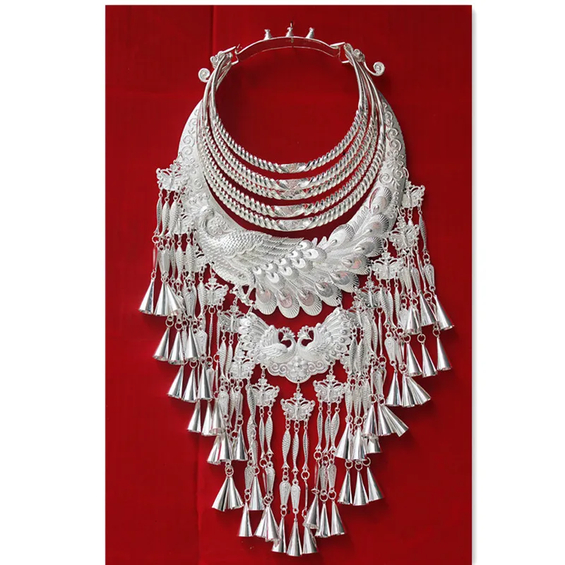 Hmong Necklace Pendant Jewelry Miao Silver Ethnic Stage Performance Accessories Phoenix Tassel Collar Bijoux Hmong Miao Argent