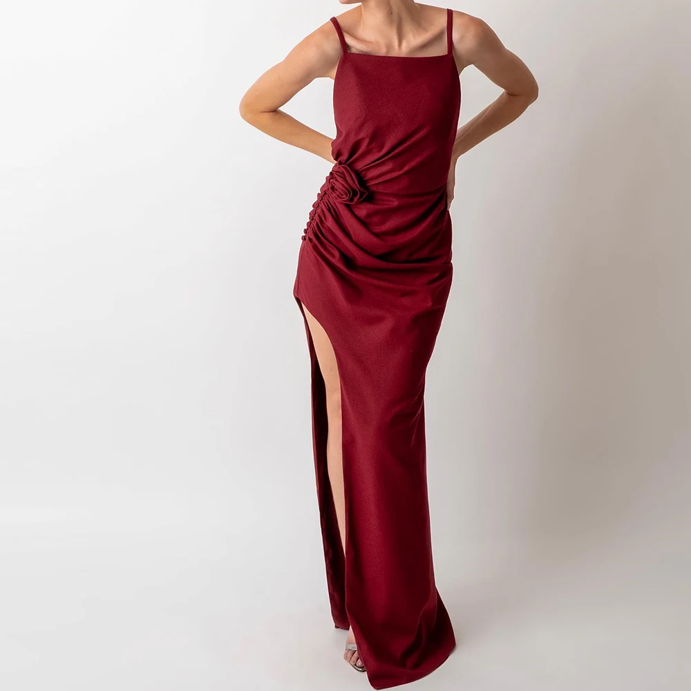 

Burgundy Flower Criss-Cross Straight Side Slit Floor Length Elegant Square Neck Spaghetti Straps Satin Sleeveless Evening Dress