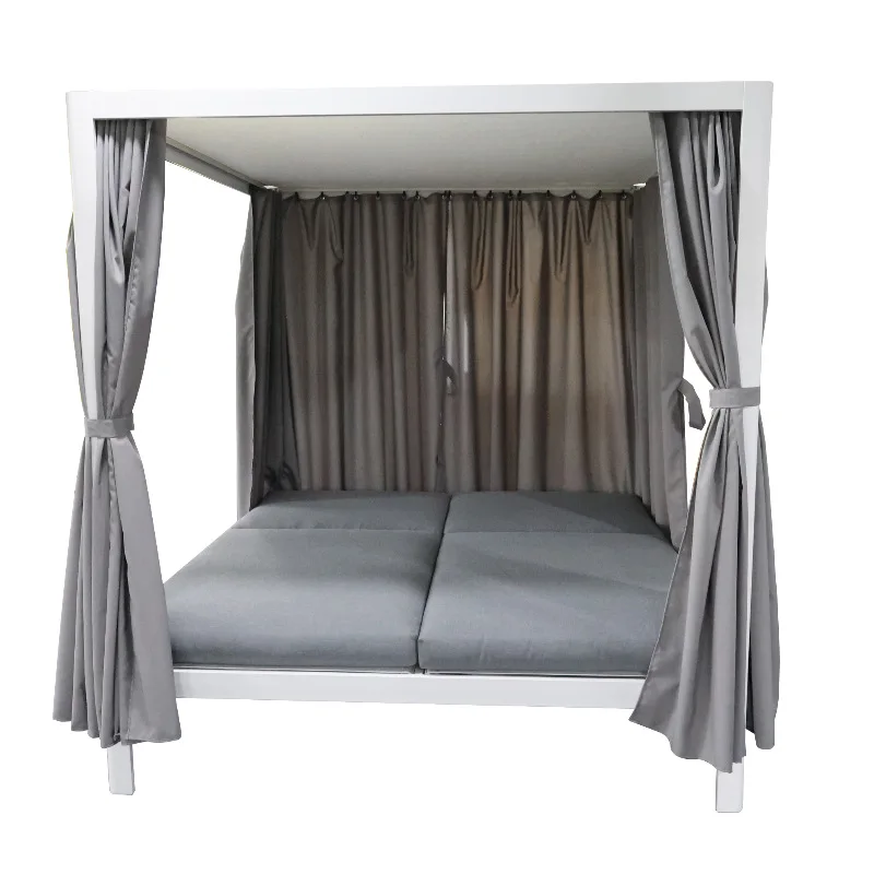 Outdoor Aluminum Patio Double Chaise Lounge Retractable Canopy Daybed Grey Cushion Beige Outdoor Curtain for Gardenpromote sales view 4