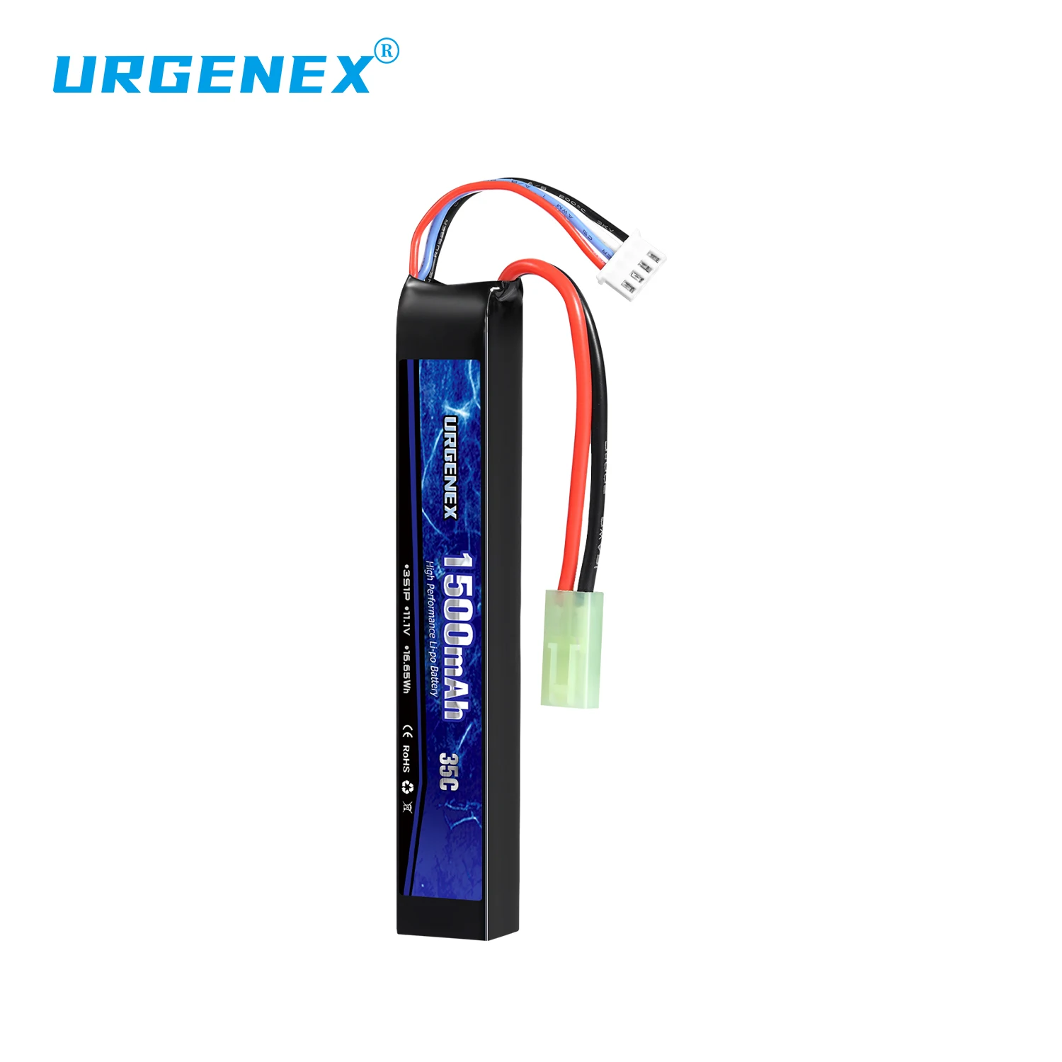 URGENEX Airsoft Battery 11.1V 1500mAh 35C High Discharge Rate Lipo Battery Pack with Mini Tamiya Plug Rechargeable 3S Lipo Batte