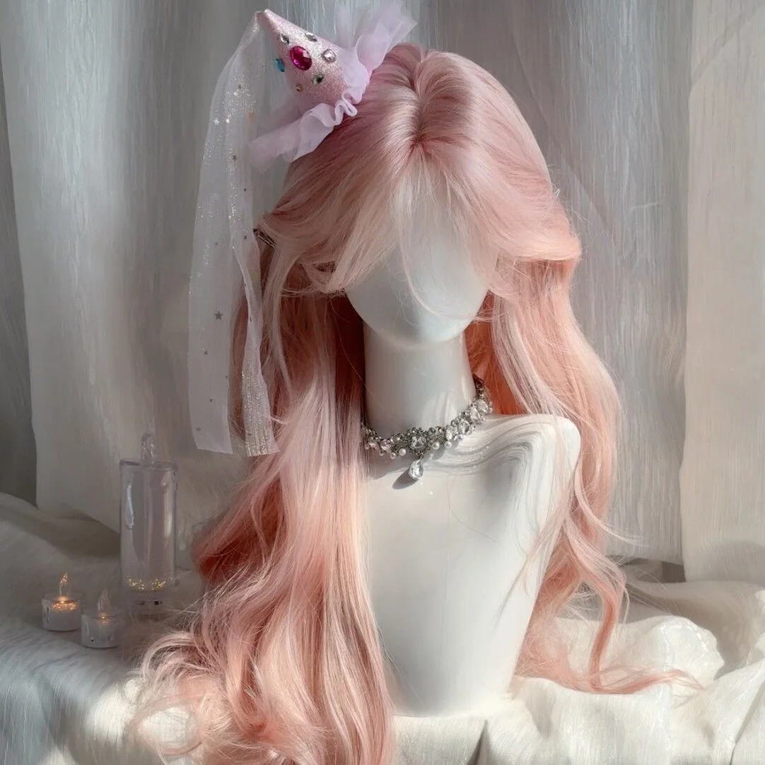 Rosa Perücke, langes Haar, künstlicher Haarsimulationskopf, Anime-Spielzubehör, Cosplay, volle Kopfbedeckung, lockiges Haar, Foto-Show-Requisiten