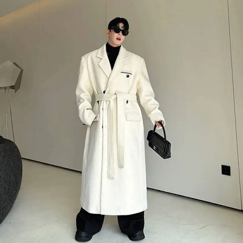 Cappotti di lana da uomo di design coreano Casual ispessito con lacci ricamato monopetto bavero lungo trincea maschile Nuovo