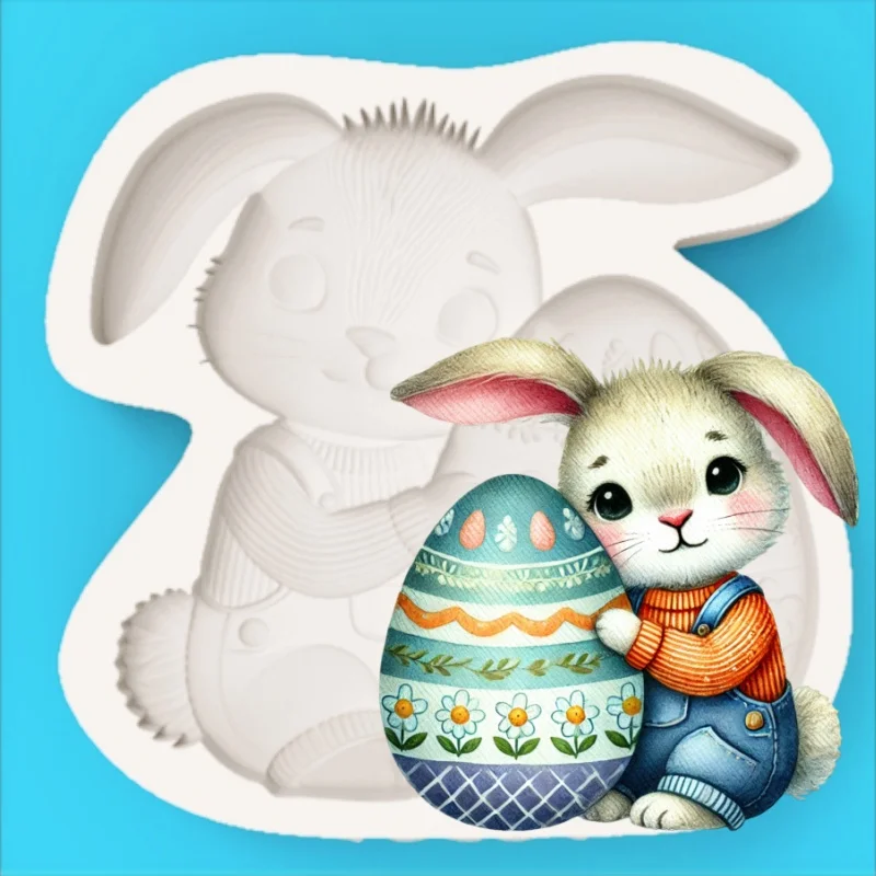 Easter Egg-Holding Bunny Silicone Baking Mold with Overalls Design Chocolate Fondant Cake Decoration Mold view 3