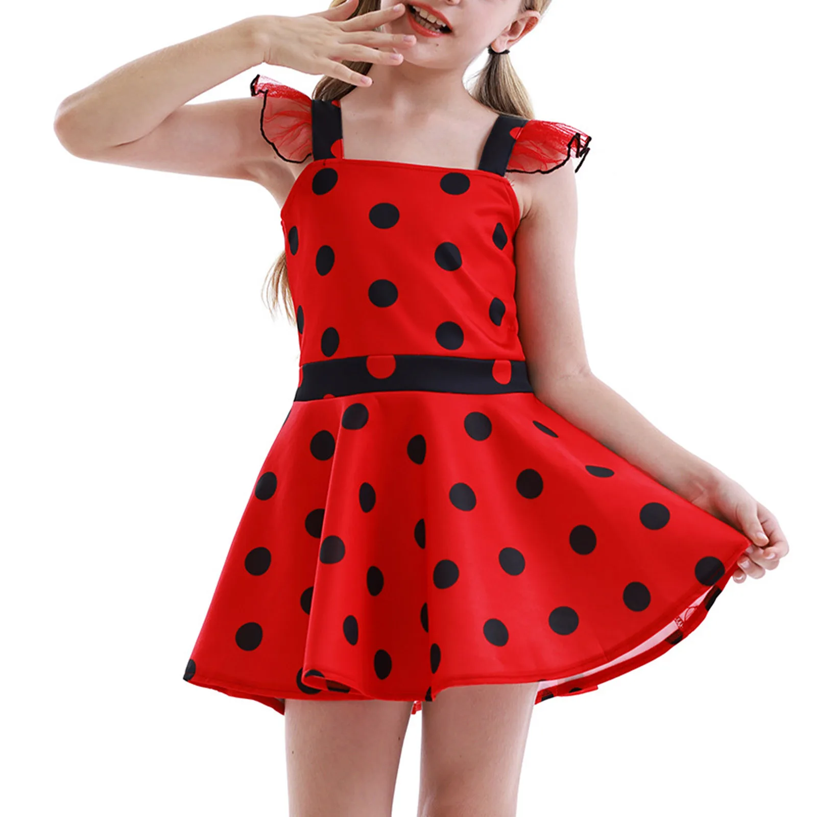 Halloween Kids Girls Cartoon Ladybug Dress Cosplay Costumes Straps Sleeveless Polka Dots Print High Waist A-line Short Dresses