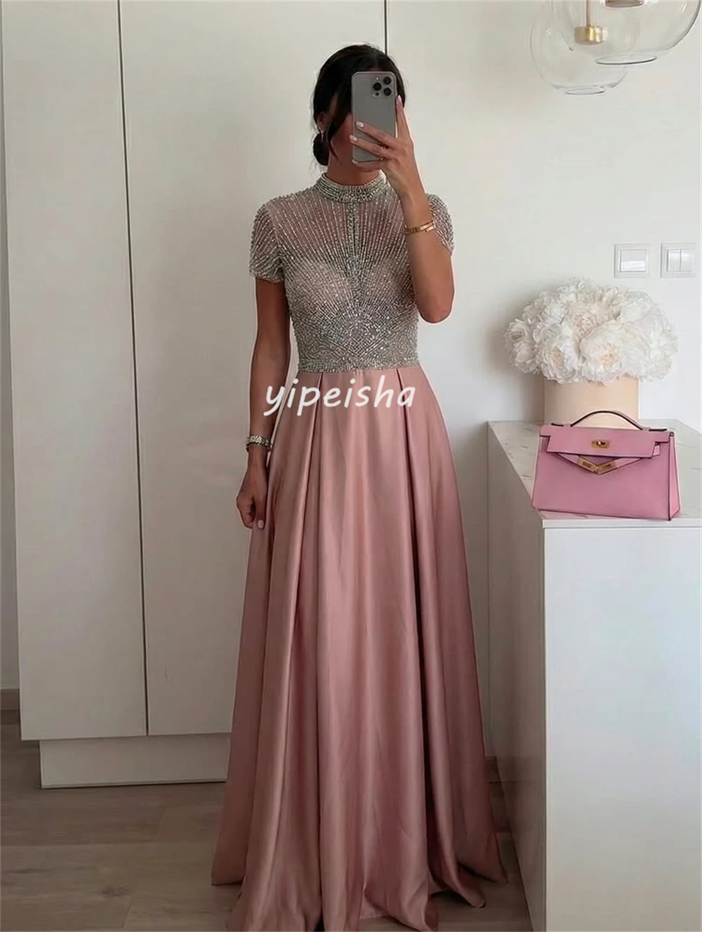 Customized Sparkle Women Jersey Rhinestone Ruched A-line Evening Dress Classic High Collar Short Sleeves Floor Lenght Party Gown image 2
