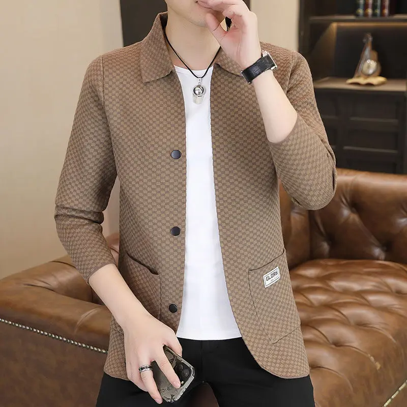 

Осенний вязаный кардиган в клетку для мужчин: молодежный, модный, повседневный, универсальный жакет с воротником, весенне-осенний топ с функцией сохранения тепла