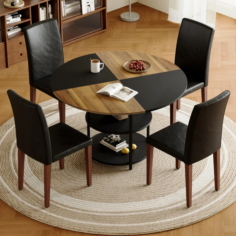 

Dining Table and chair set.A 47.3-inch diameter modern spliced color circular dining table, Paired With 4 black PU dining chairs