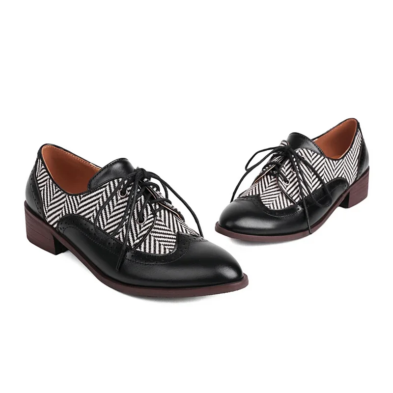 

Extra Big Size 45 46 Women Low Heels Striped Pattern Round Toe Derby Oxfords Lace-up Retro British Design College Brogue Shoes