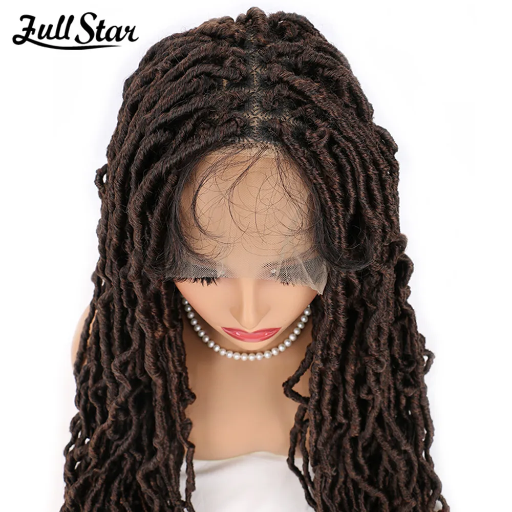 Full Star 28” Double Lace Front Square Knotless Locs Braided Wigs Ombre Brown for Black Women Loc Braid Wig With Baby Hair