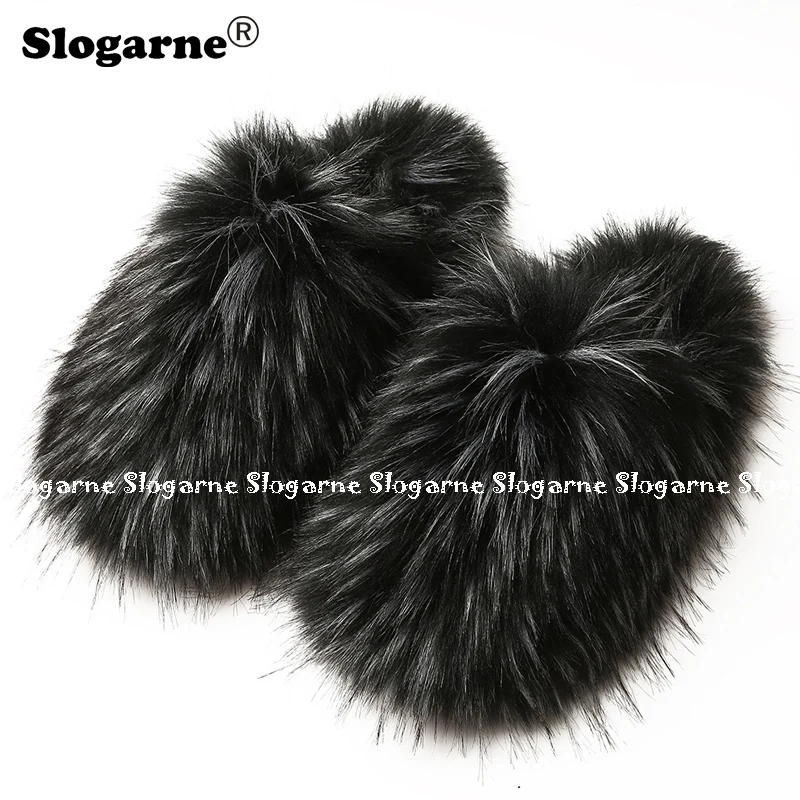 2024 Women Winter Raccoon Fur Slippers Warm Plush Slides Girls Luxury Furry Faux Fur Slippers Home Cotton Shoes Indoor Fur Slide