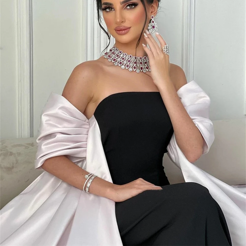 Customized Yipeisha Fashion Strapless Black Satin Evening Dresses Ankle Length With Streamer Off the Shoulder A-line Formal Part image 3
