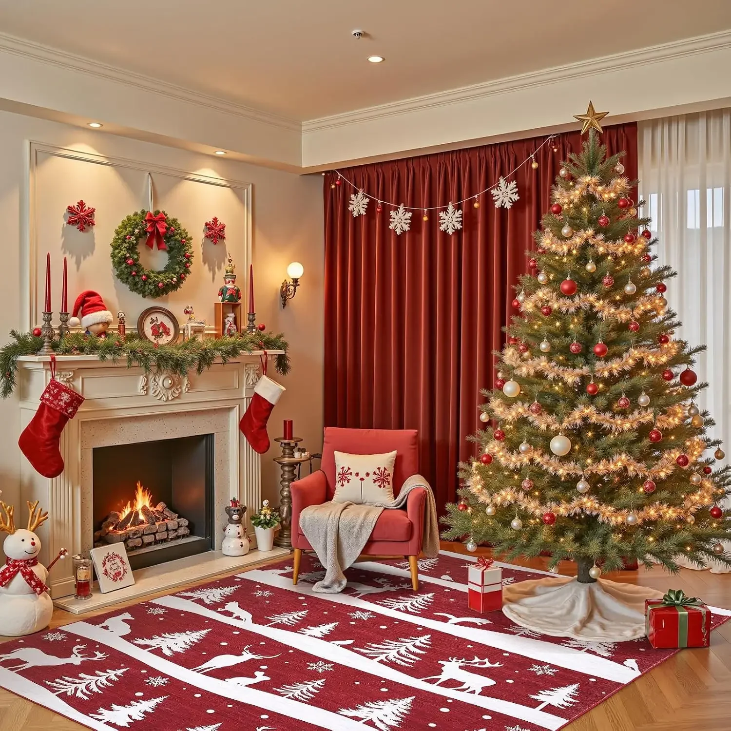 Garvee 9X12/8X10FT Area Rugs Christmas Rugs with Xmas Tree Reindeer Snowflake Non Slip Low Pile Washable Carpert Living Room Bedroom Decoration Holiday Home Decoration