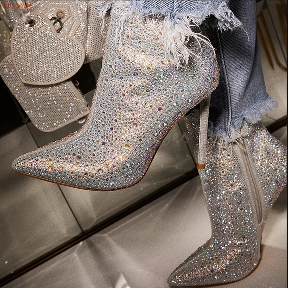 

Silver Side Zipper Pointed Toe Crystal Boots Stilettos High Heels High Heel Shoes for Women Heels 2025 New Zapatos Para Mujere