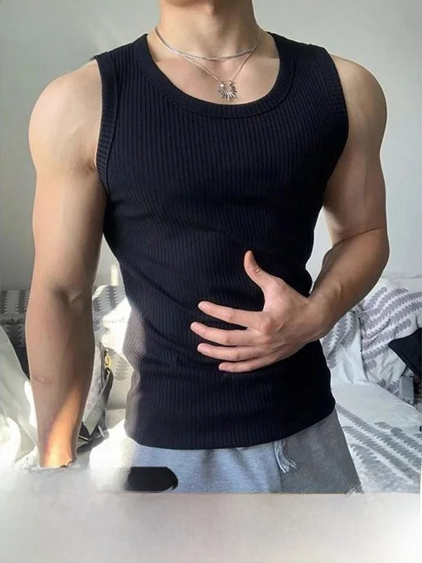 White Thick Ribbed Sleeveless Fitness Tank Top Men's Slimming Muscle Display Summer Sports American Style Sweatshirt