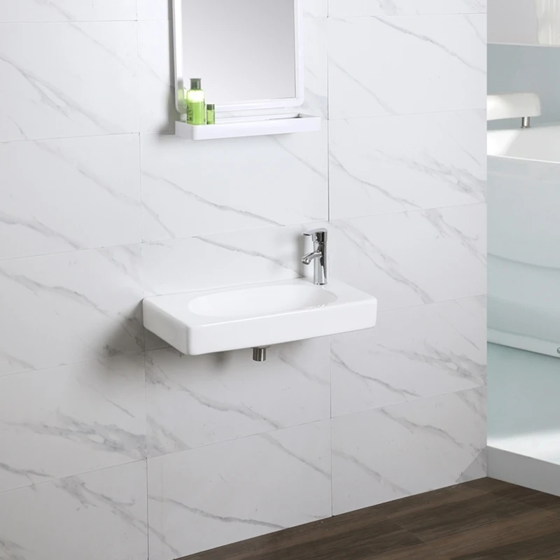 Schmales rechteckiges Waschbecken zur Wandmontage für kleine Wohnungen. Kleines Badezimmer-Haushaltswaschbecken aus Keramik. Balkon-Ecke-Einzelwaschbecken