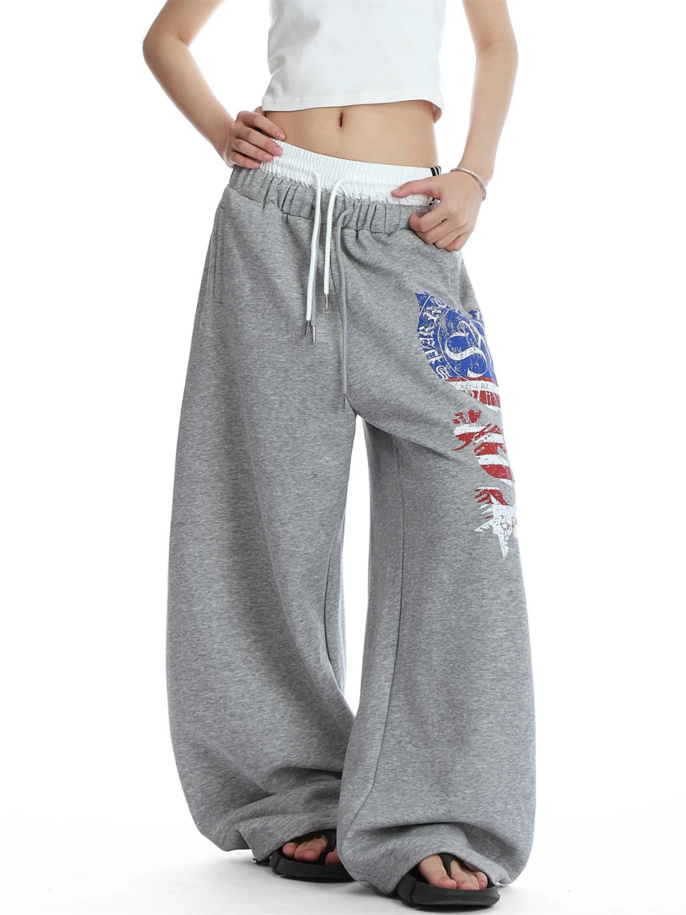 

Women's Elastic Waist Sweat Pants Drawstring Long Trousers Patchwork Joggers American Retro Designer Baggy Wide Fit Boyfriend