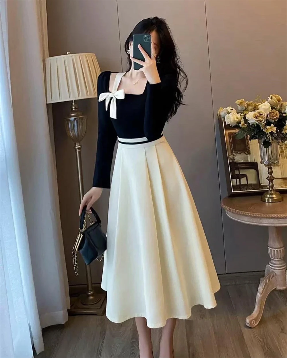 Customized Classic Black White Square Collar Off the Shoulder Long Sleeves Party Dresses Luxury Jersey Special Occasion Gowns