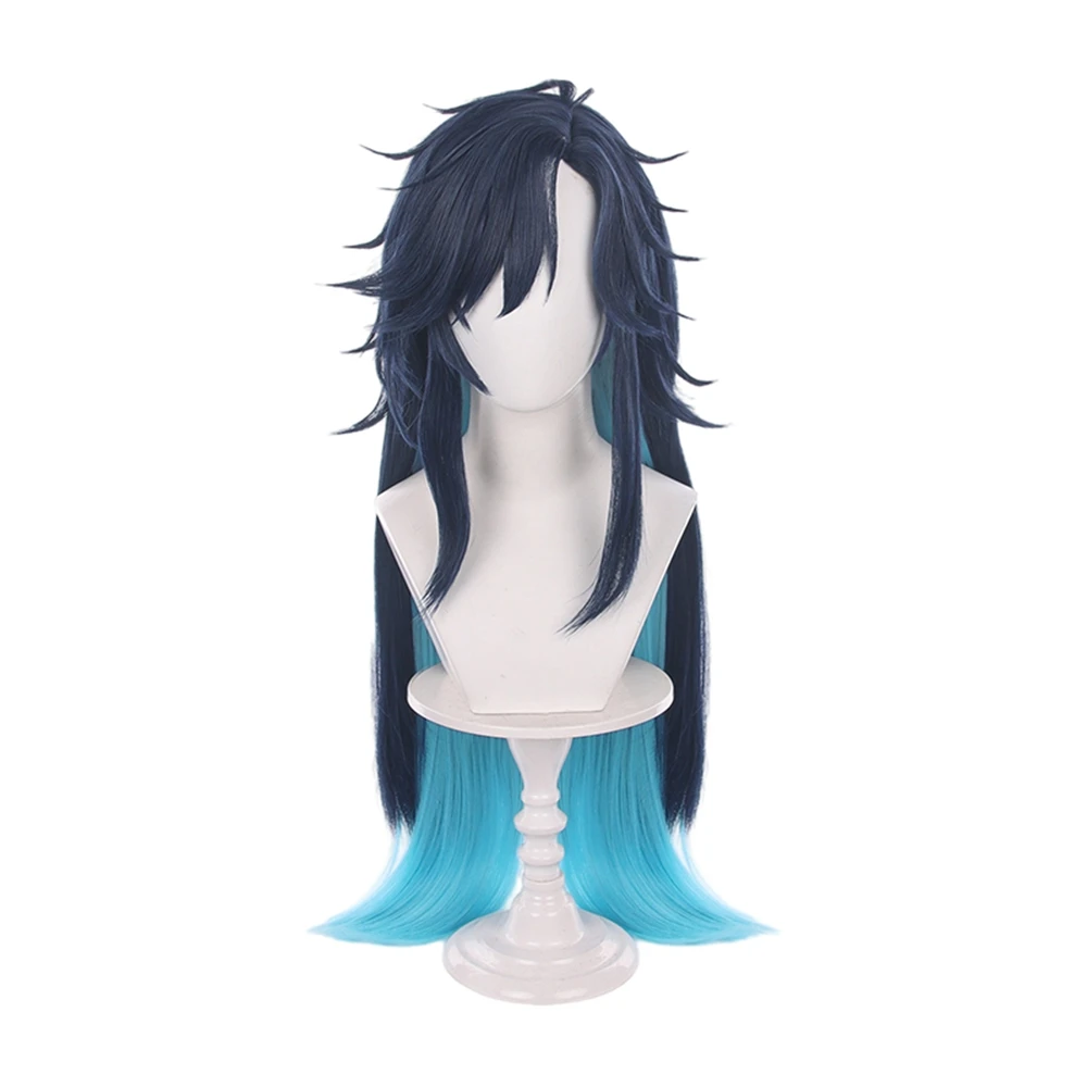 Dark Blue Gradient Cosplay Wig Long Messy Layered Hairpiece with Ahoge for Anime Game Party Halloween Costume