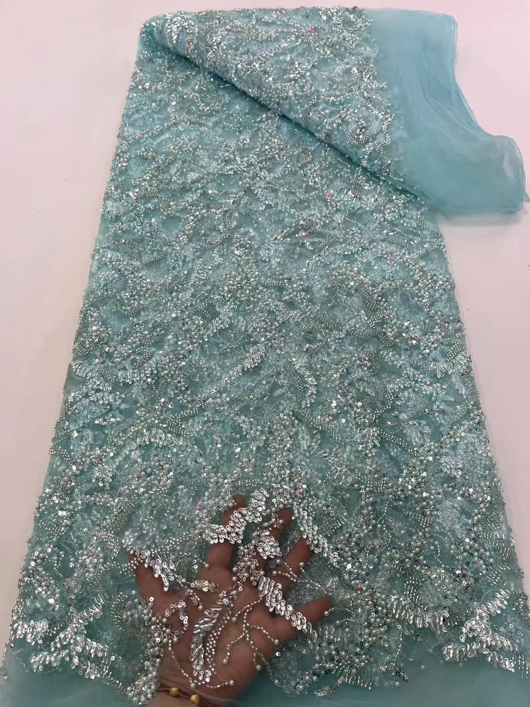 

2025 Luxury French Mesh Embroidery Beaded Lace Fabric African Nigerian Sequins Lace Fabric For Wedding Dresses Sewing Material