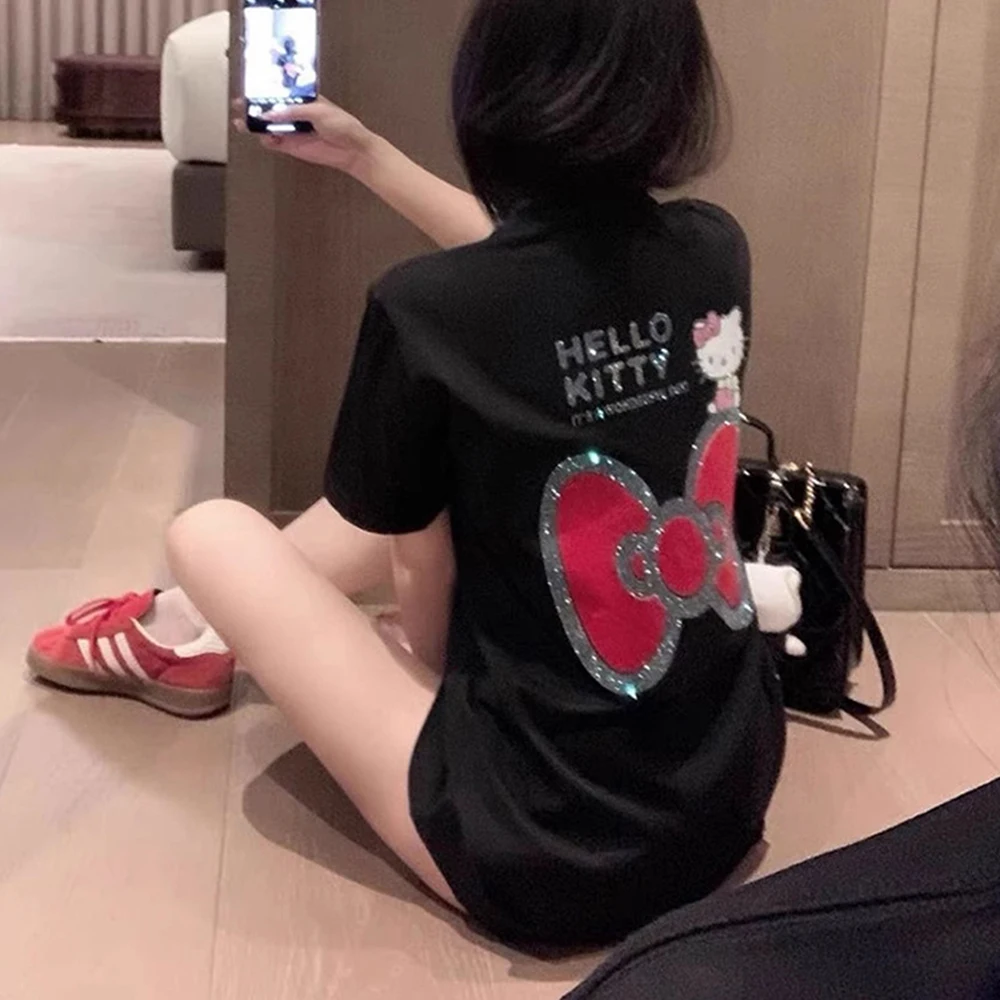 

Plus Size Anime Hello Kitty Women's T-Shirt Water Diamond Bow Black Short Sleeve Casual Y2K Cute Summer Loose Casual T-Shirt