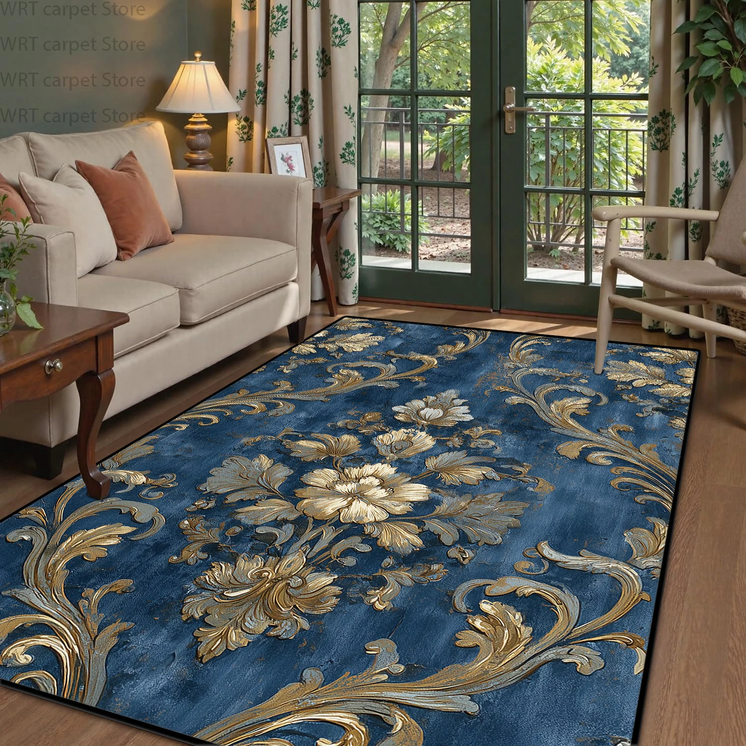 Vintage Blue Floral Living Room Carpet Distressed Decoration Home Non-slip Washable Dining Table Foot Mat Fluffy Soft Room Rug