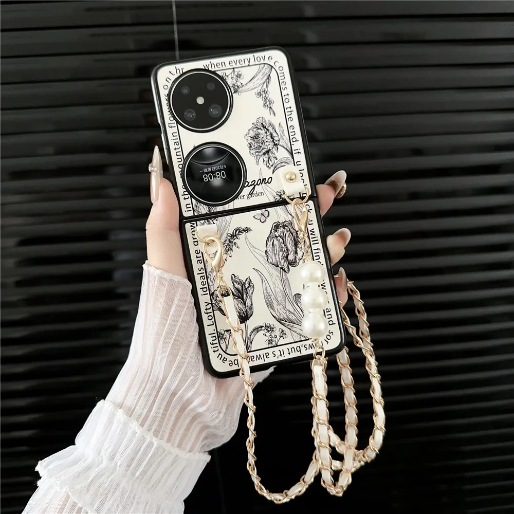 Ins Flower Diy Pearl Crossbody Chain Scarf Bracelet Case For OPPO Find N3Flip N2Flip Pocket2 VIVO X Flip Z Flip5 z Flip6 40ultra