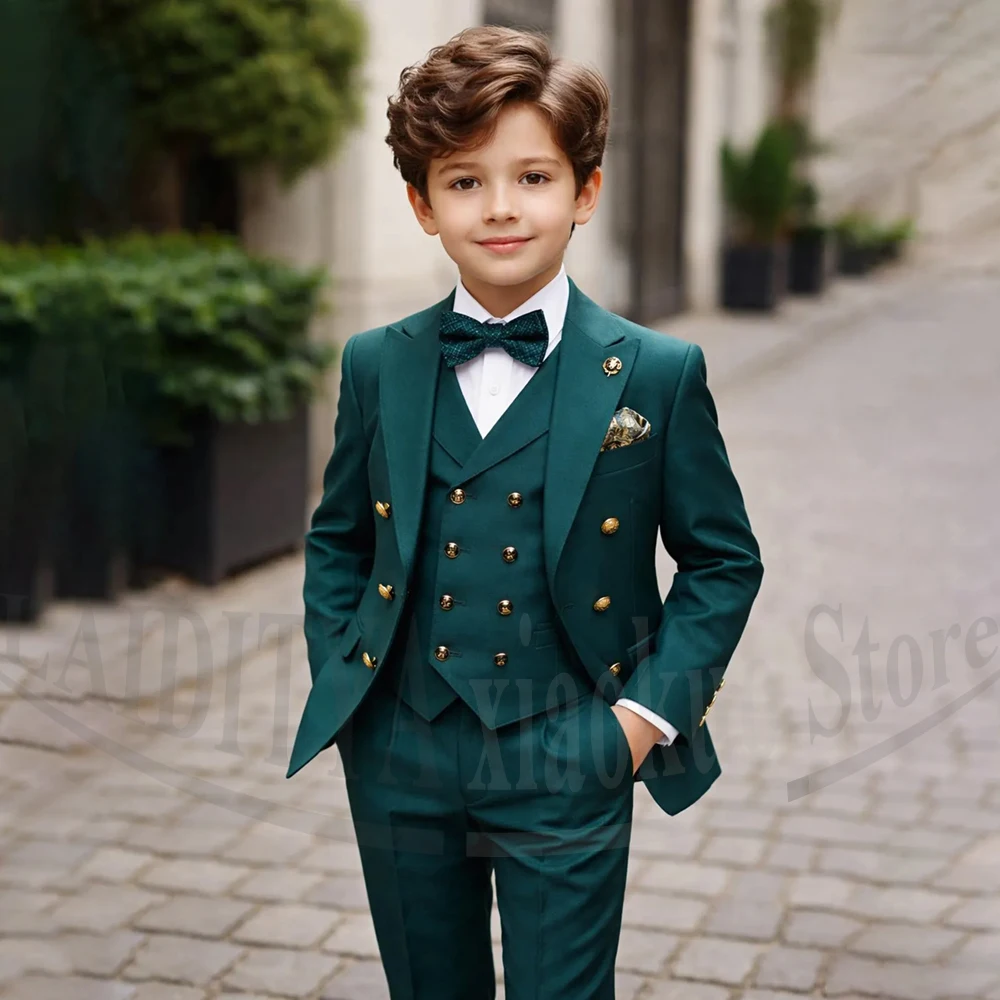 Chic Boys Formal Suit 3 Piece Double Breasted Peak Lapel Kids Wear Wedding Pageant Party Prom Outfit Solid Color Children's Suit